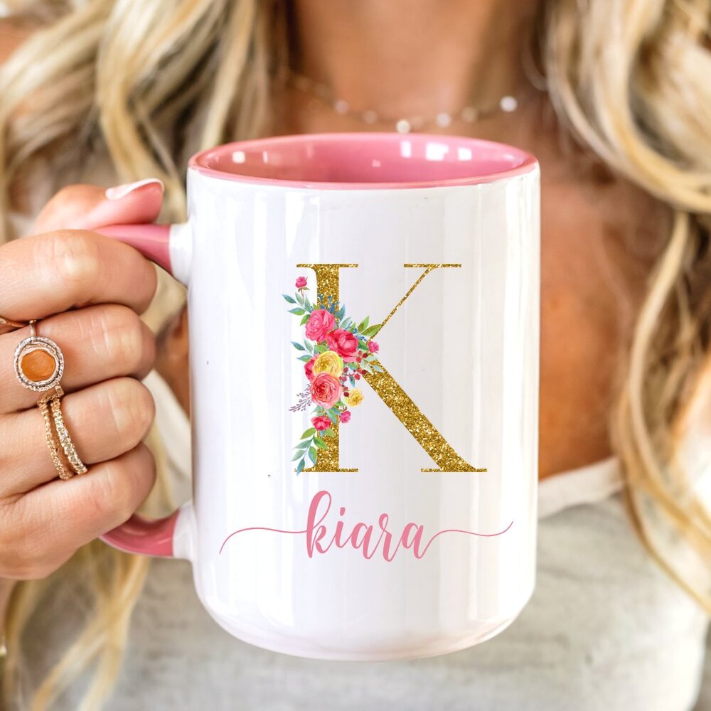 Custom Name Monogram Pink Latte Mug